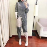 high collar Patchwork Knitted 2 Piece Sets Women Loose Design Split Pullover sweaters suits Splicing Harem Pants