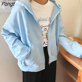 2022 Chic Zipper Female Sweatshirt Hooded Pullovers Soild Color Hoodies Autumn Loose Harajuku Women Tracksuit White