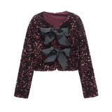 Fongt Women's 2025 Spring 2025 New V-Neck Bow Ornament Party Lien Slide Short Jacket Jacket
