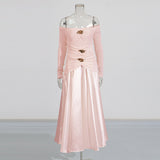 Temperament Famous Wind Style Long Dress 2025 New Bosom One-Word Shoulder Design Long-Sleeved Pin Waist Dress