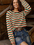 Fongt New Rainbow Striped Sweater Knitted Retro Round Long Sleeves Loose