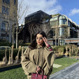 Fongt Spring New Women's Fashion Army Green Velvet Effect Short Long Sleeve Epaulets Coat
