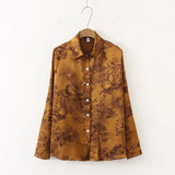Women Vintage Ink Painting Print Chiffon Blouse Full Sleeve Button Up Turn Down Collar Shirt Casual Office Lady Autumn
