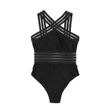 Sexy Women Beach Romper Stripes Mesh Spliced Off Shoulder Cross Backless Beachwear Bodysuit With Pad Sports Bath