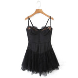 Sexy Solid White Stitching Lace Bra Corset style Spaghetti Strap Mini Dress Women Backless Party Skater Short Sling