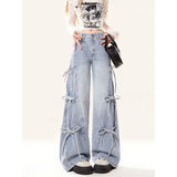 Fongt Tie Jeans Women Autumn New Retro Loose Broad Legs Drag Long Pants Ins