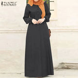 Women Long Sleeve Solid Maxi Sundress Vintage Autumn Denim Blue Dress Casual Buttons Kaftan Vestido Muslim Dress