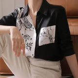 Chinese Style Printed Blouse Female Clothing Asymmetrical Patchwork Spring Autumn Stylish Pockets Single-breasted Shirt-Outfit