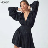 Fashion Black Chiffon Printing Elegant Loose Mini Dress New Women Lantern Full Sleeve Pleated Slim Party Night
