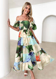 Fongt Summer New Bubble Sleeve Holiday Show Skinny Dress Babes High-Waisted Shoulder-Print Dress Dress Woman
