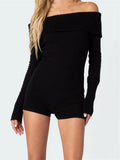 Women Knitted Playsuits Solid Color Slash Neck Off Shoulder Short Jumpsuits Long Sleeve Slim Rompers Clubwear 2024-Outfit