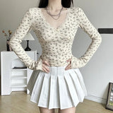 Flower Lace Lace V-Collar Long-Sleeved T-Shirt Female 2024 Spliced Small Bow Slim Bottomed Blouse-Outfit