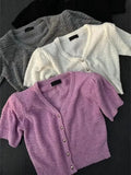 Short-sleeved Women Summer Simple Solid Knitted Cardigan V-neck Slim Crop Top Thin Knitwear