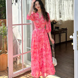 Fongt Summer Holiday Style Goddess Fan New Pure Flowery Snowy Sexy V-Neck Cross-Tie Dress