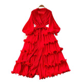 Fongt New Elegant Dress Spring Dress High-End Retro Collar Lantern Sleeves To Close Waist Lotus Leaves Side Pressure Skirt Dress Woman