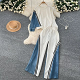 Fongt Version Of The Casual Sports Suit Women's Autumn Design Feeling Loose Collar Collar High-Waisted Denim Splicing Trousers