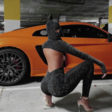 Fongt 2025 Fashion Sexy Flash Show High-Neck Long Sleeves Long-Sleeved Hat Jumpsuit