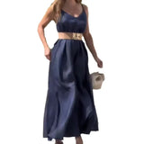 Fongt 2024 New Style Has Obvious Visible Fashion Retro Low Collar Loose Sling Satin Dress Woman-Outfit
