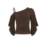 Fongt New Retro Stripe Shoulder Horn Sleeve T-Shirt Hottie Beaded Neck Small Repair Body