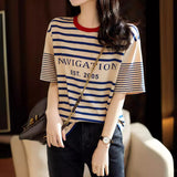 Fongt Version Of Loose Good-Looking Youth-Down Navy Blouse Woman! Letters Printed Short-Sleeved Cotton Striped T-Shirt