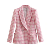 Women Fashion Double Breasted Houndstooth Tweed Blazers Coat Vintage Long Sleeve Frayed Trim Female Outerwear Chic