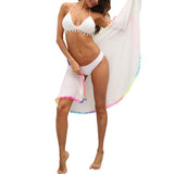 Women Beach Sarongs, Sexy Sheer Mesh Swimsuit Wrap Skirt Bikini Cover Up with Colorful Pompom Tassel Summer