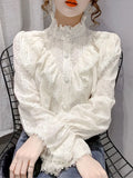 Ruffle Stitching Elegant Lace Blouse Long Sleeve Loose Chiffon Shirts Korean Style Stand Collar Pleated Top Blusas