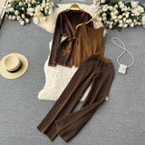 Fongt Printing Casual Set Of Women's Shawl Jacket + V Collar Bottom Knitted Shirt + Broad Leg Trousers Three Sets