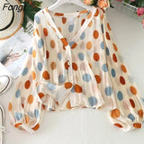 Women Summer Sun Protection Sheer Top V-Neck Polka Dot Lantern Sleeve Sexy Female Clothes All-match Daily Ulzzang