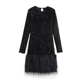 Fongt Women's Clothing Spring 2025 New Glit Decorative Feathers Spliced Long-Sleeved Mini Dress