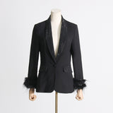Fongt New Temperament Top Collar With Diamond Design Sense Cuff Stitching Ostrich Hair Long Sleeve Suit Spring Style-Outfit