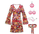 Fongt Halloween 70S Hippie Disco Festive Dress Turban + Print Dress Two-Piece