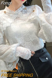Crochet Lace Blouse Women Chic Ruffle Lace Stitching Shawl Ladies Stand Collar Tops 2023 Spring Long Sleeve Slim