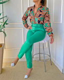 Women's Elegant Two Piece Pants Sets Printed Long Sleeve Shirts and Pants with Belt Fashion Women 2pcs Suits Office
