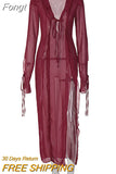 Through Maxi Dresses for Women 2023 V Neck Split Bodycon Mesh Dress Long Sleeve See Through Cover-Ups for Beach