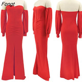 Solid Corset Dress Elegant Strapless Off Shoulder Long Lantern Sleeve Pleated High Split Bodycon Maxi Evening Party