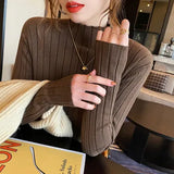 Fongt Winter Half-High Sweater Women Long Sleeve Pure Color Spring And Autumn Pit Stripe Loose Knitted Bottom