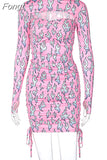 Flame Print Hollow Out Women Mini Dress Long Sleeve Gloves Drawstring Ruched Bodycon Sexy Streetwear Club Gothic