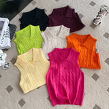 Fongt Chic Summer French Niche Polo Collar Sleeveless Knitted Top Girl Slime With Solid Color Vest