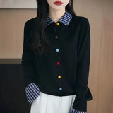 Fongt And Winter Knitted Open Shirt Two Lattice Collar Shirt Early Spring New Color Fashion Splicing Coat Sweater