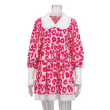 Fongt Spring New Dress Fashion Long Sleeve High Waist Print A-Line Skirt Doll Collar Fluffy Skirt-Outfit