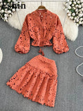 V Neck Hollow Embroidered Lantern Sleeve Short Shirt Solid Mini Skirt 2 Piece Suit Women 2024 Autumn Fashion New TH2512-Outfit