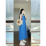 Fongt Gentle And Casual Retro Elegant Blue Dress 2025 Summer New Fashion Design Feel Sleeveless Long Dress