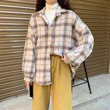 Blouses Turn-down Collar Spring Shirts Plaid All-match BF Batwing-sleeve Loose Outwear Harajuku Female 4 Colors Chic