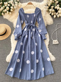 Women Polka Dot Dress Spring Autumn Vintage Square Collar Lantern Long Sleeve Casual Long Dresses Ladies High Waist
