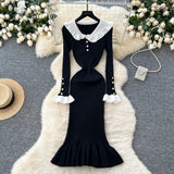 Fongt New Retro Bumpy Dolls To Receive Waist Knitted Dress Female Elastic Temperament Lotus Leafy Dress