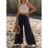 Fongt Women's Fashion Temperament Strap Spliced High-Waisted Folds Broad Leggings Casual Loose Trousers