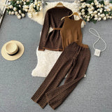 Fongt Printing Casual Set Of Women's Shawl Jacket + V Collar Bottom Knitted Shirt + Broad Leg Trousers Three Sets