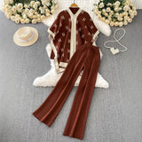 Fongt Ocean Gas Three-Piece Loose Wind Letter Embroidered Cardigan Jacket Bottom High Collar Knitting Tops Broad Legs
