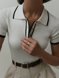 Fongt Short-Sleeved Collar Top 2024 Summer New Thread Tightness Temperament Knitted